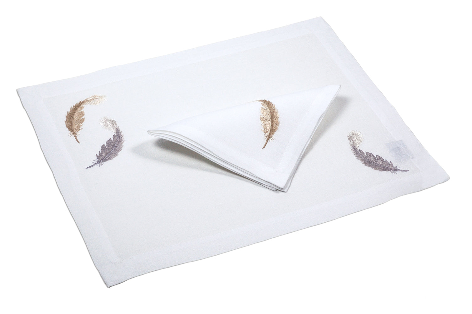 placemat with napkin embroidery feathers pure linen