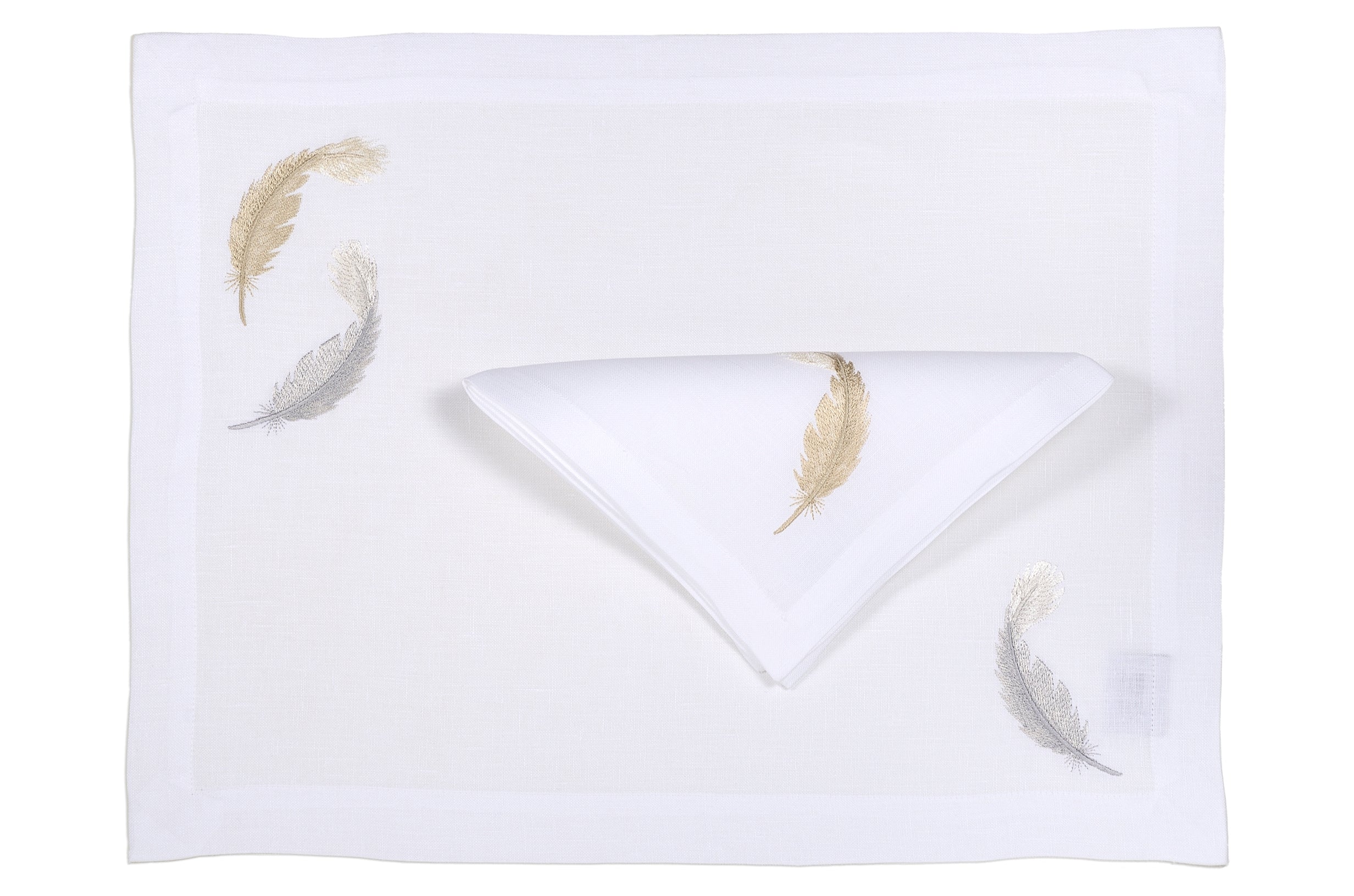 placemat with napkin embroidery feathers pure linen
