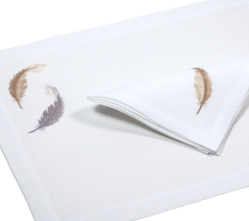 placemat with napkin embroidery feathers pure linen